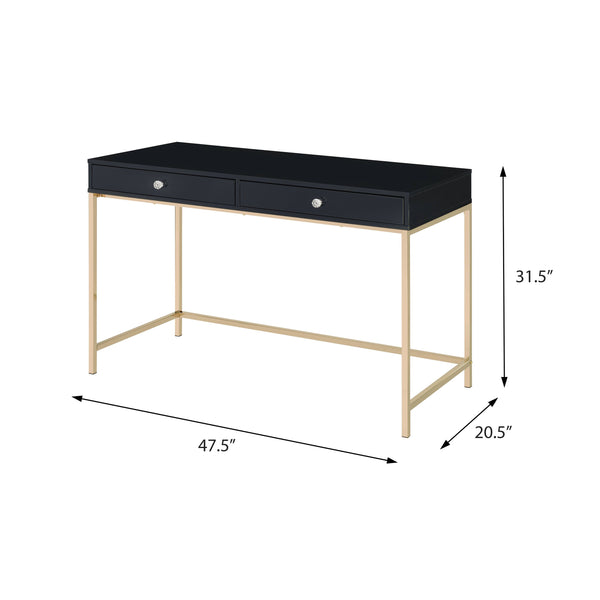 English Elm Black Black High Gloss and Gold Two-Drawer Writing Desk with Sleek Gold Legs, Ample Storage, Modern Elegance B062P184559