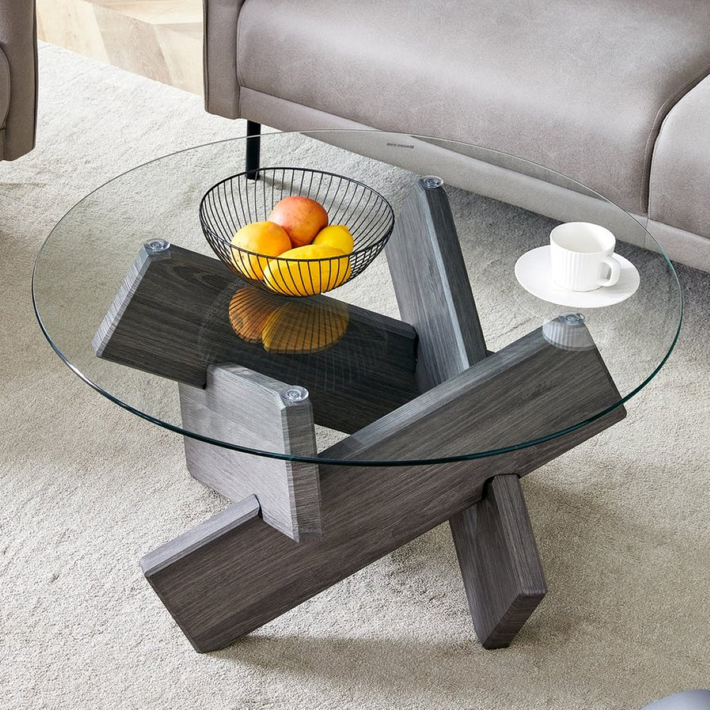 English Elm Round Tempered Glass Coffee Table with Sculptural Mdf Base for Modern Living Rooms Gray W1151P180317