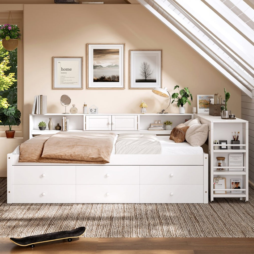 English Elm Twin Daybed Pine Frame with Trundle Desk Hutch Shelves and Storage for Kids Rooms White W1580S00458