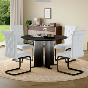 English Elm Modern Round Pedestal Dining Set Tufted Pvc Chairs Sculptural Base for Small Spaces W3875S00076