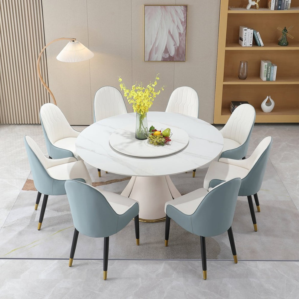 English Elm 59.05"modern Sintered Stone Dining Table with Lazy Susan and Six Leather Chairs W509S00186