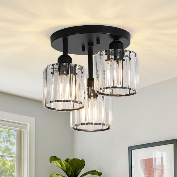 English Elm Crystal 3-Light Semi Flush Mount Ceiling Light Fixture - Modern Black Design For Kitchens & Hallways W2738P185421
