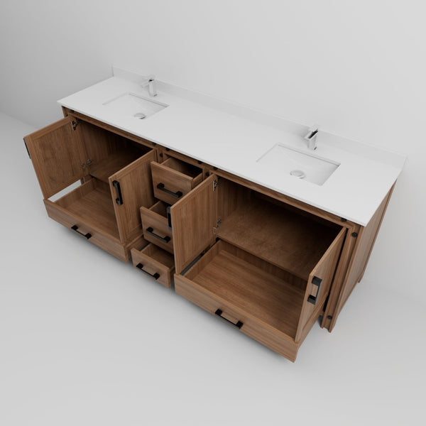 English Elm Rustic Barnwood Double Bath Vanity With White Quartz Top, Soft-Close Drawers & Faucet Set Included B2731P260670-GIGA