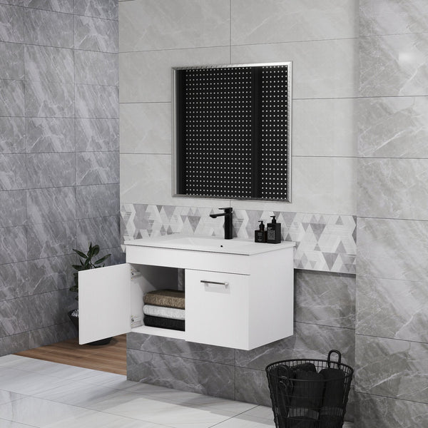 English Elm 32-Inch Bathroom Vanity Combo With Mirror & Sink - Wall-Mounted, Soft-Close Doors, Glossy White Finish W3151S00027