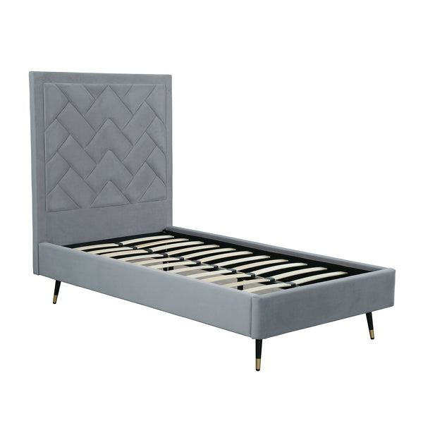 English Elm Crosby Twin Upholstered Velvet Bed with Chevron Stitched Headboard, Solid Slats, No Box Spring Needed Grey B365S00044