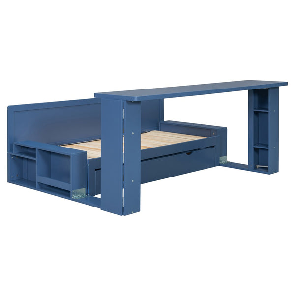 English Elm Queen Daybed with Hydraulic Desk Storage Drawers and Convertible Sofa for Small Spaces Blue LT000272AAC