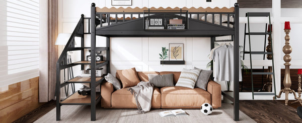 English Elm Full Size Metal Loft Bed with Stair Storage Shelves Bookshelf for Dorms Bedroom W1580S00378