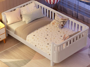 English Elm Twin Solid Wood Platform Bed for Kids with Safety Rail Rust‑Resistant Sturdy Pine Frame, 250lb Capacity White 69.48 L x 17.91 W x 7.48 H W2593P190148