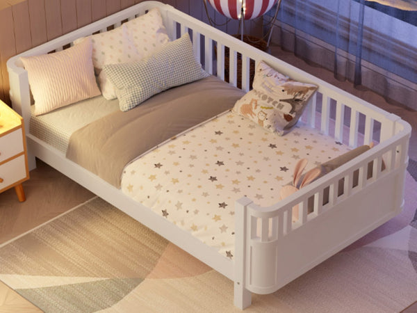 English Elm Twin Low Profile Pine Wood Kids Bed with Safety Rails and Fence Style Headboard W2593P367041