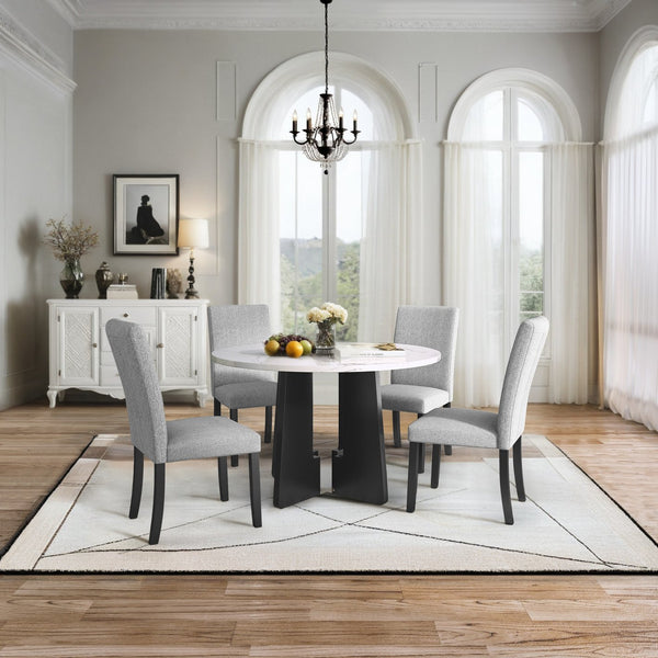 English Elm 5-Piece Round Dining Set with 43" Modern MDF Table and 4 Upholstered Fabric Chairs for Compact Spaces White+gray N752S001055E