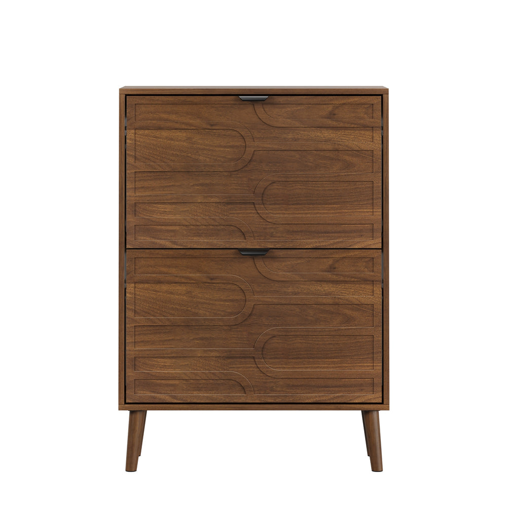 English Elm Medieval Modern Independent Shoe Cabinet 23.62" Walnut | Farmhouse MDF Shoe Storage, 2 Flip Drawers, Sturdy Anti-Tip Safety W1706P372249