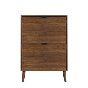 English Elm Medieval Modern Independent Shoe Cabinet 23.62" Walnut | Farmhouse MDF Shoe Storage, 2 Flip Drawers, Sturdy Anti-Tip Safety W1706P372249