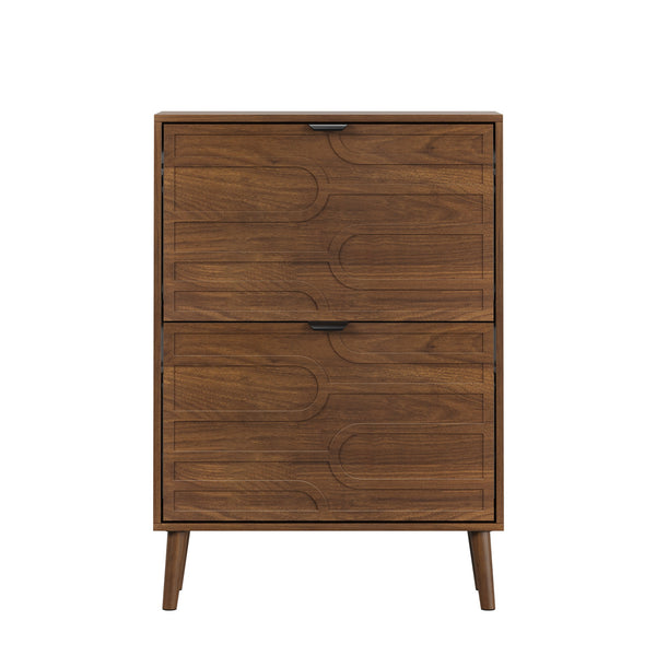 English Elm Medieval Modern Independent Shoe Cabinet 23.62" Walnut | Farmhouse MDF Shoe Storage, 2 Flip Drawers, Sturdy Anti-Tip Safety W1706P372249