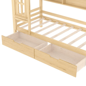 English Elm Twin House Platform Bed with Drawers & Shelves, Solid Wood Playhouse Frame for Kids, Cozy Design Natural W1580S00266