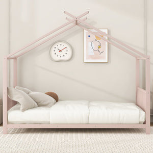 English Elm Twin Metal House Platform Bed with Slat Kit for Kids Sleepovers Sturdy Frame Elegant Silhouette 63.8"H Pink MF322835AAH