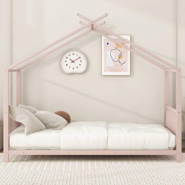 English Elm Twin Metal House Platform Bed with Slat Kit for Kids Sleepovers Sturdy Frame Elegant Silhouette 63.8"H Pink MF322835AAH