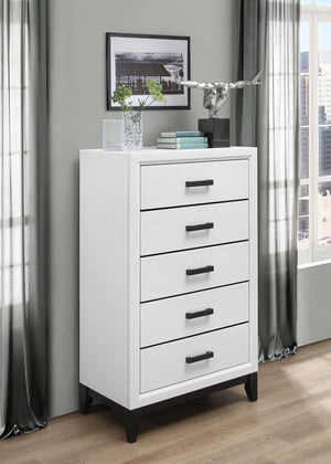 English Elm MIRAGE Solid Wood Chest with 5 Smooth-Glide Drawers, Durable MDF Build and Matte Black Hardware White 33.31 L x 18.58 W x 48.74 H B201P226179