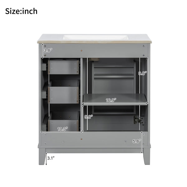 English Elm 30-inch Modern Bathroom Vanity with Ceramic Basin, Rubberwood Frame, Soft-Close Drawers & Organized Storage Grey N729P290689E