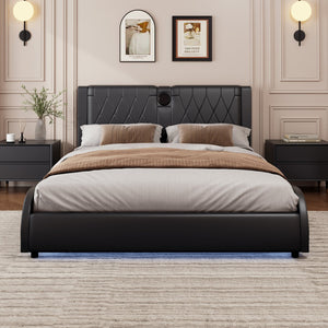 English Elm King Luxurious Faux Leather Upholstered Platform Bed with Storage Headboard, Bluetooth Speakers & RGB Lights Black 78.35 L x 19.69 W x 12.99 H N701P241048B