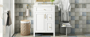 English Elm 24-Inch Bathroom Vanity with Ceramic Sink, Soft-Close Door & Drawers, Gold Handles, Durable Wood Elegance White N729P192078K