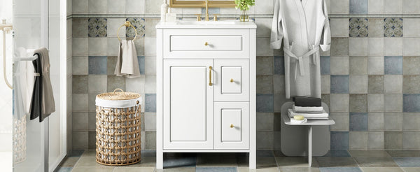 English Elm 24-Inch Bathroom Vanity with Ceramic Sink, Soft-Close Door & Drawers, Gold Handles, Durable Wood Elegance White N729P192078K