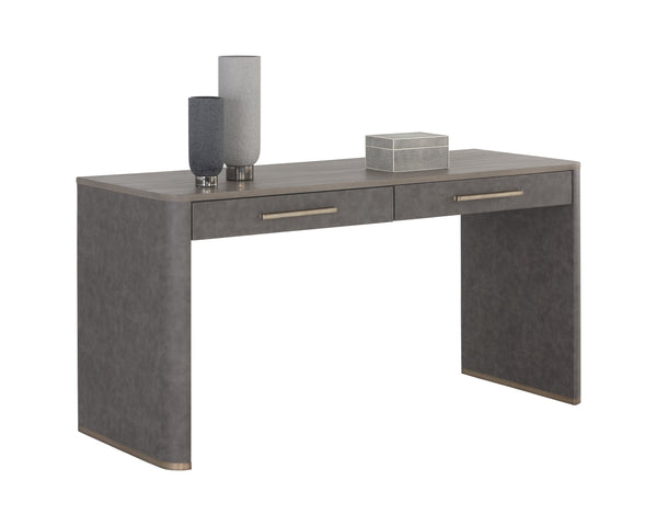 Sunpan Altman Retro-Inspired Desk with Soft-Closing Drawers and Dark Grey Oak Veneer Top for Stylish Offices