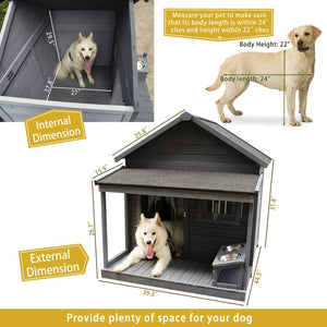 English Elm Large Breed Outdoor Doghouse Solid Fir Wood Covered Porch Weatherproof Asphalt Roof W1431S00005