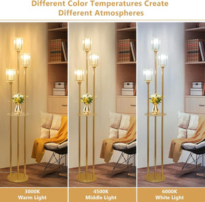 English Elm Gold Crystal Floor Lamp with Dual Shelves, Brass Mid-Century Standing Light, Foot Switch, 66" Tall W2738P400603