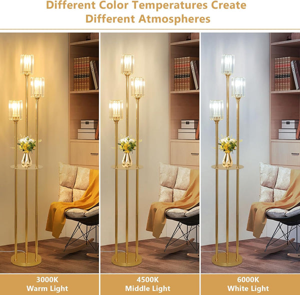 English Elm Gold Crystal Floor Lamp with Dual Shelves, Brass Mid-Century Standing Light, Foot Switch, 66" Tall W2738P400603