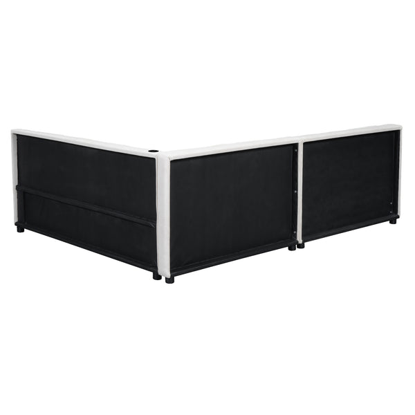 English Elm Upholstered Full Platform Bed with USB Ports and LED Accent, Linen Upholstery, Sturdy 600lb Capacity Beige GX000556AAA