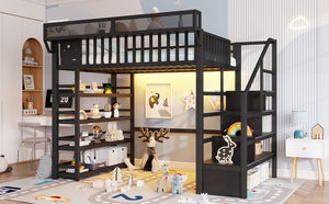 English Elm Full Metal Loft Bed with Stair Storage Rgb Lighting and Charging Station for Teens Black W2580S00074