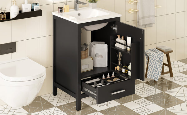 English Elm 20-Inch Compact Bathroom Vanity with Ceramic Sink, Soft-Close Storage, Divider Drawer & Easy Plumbing Access Black N729P334847B