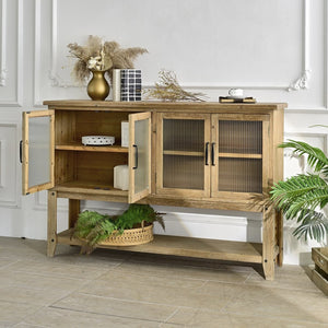 English Elm 59.06" Rustic Wood Sideboard with Glass Door Cabinet and Open Shelf for Dining Room W3933P379119