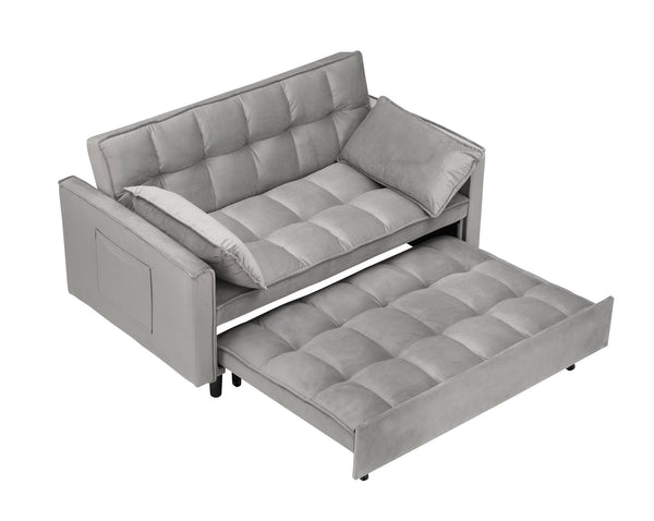 English Elm Modern Velvet Loveseat Futon Sofa Bed 3-in-1 Convertible Small Sleeper Couch with Recline, Pillows, Pockets, Beige Gray W3371P315000