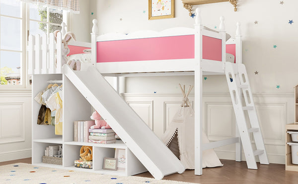 English Elm Twin Loft Bed Solid Pine Frame with Wardrobe Shelving Detachable Slide Kids Room Pink+White W5305S00016