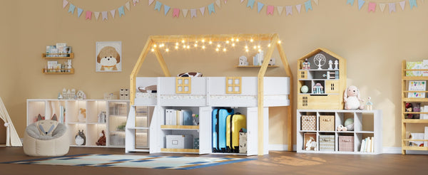 English Elm Twin-size Pine Low Loft Bed with House Canopy Step Stairs Storage Cabinet Led Lights N7090005032K