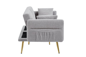 English Elm Modern Teddy Upholstered Loveseat Sofa Bed with Adjustable Backrest, Foldable Armrests & Gold Legs Grey W1117P303446