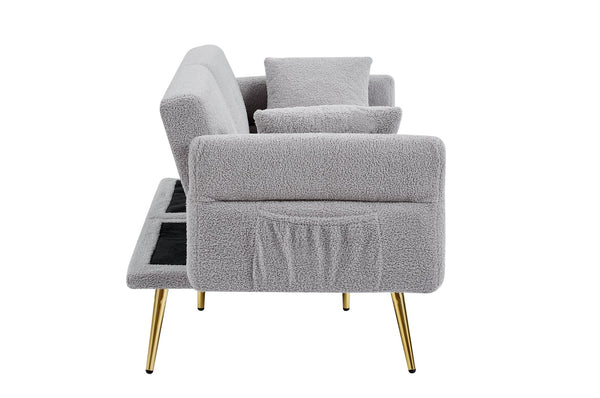 English Elm Modern Teddy Upholstered Loveseat Sofa Bed with Adjustable Backrest, Foldable Armrests & Gold Legs Grey W1117P303446