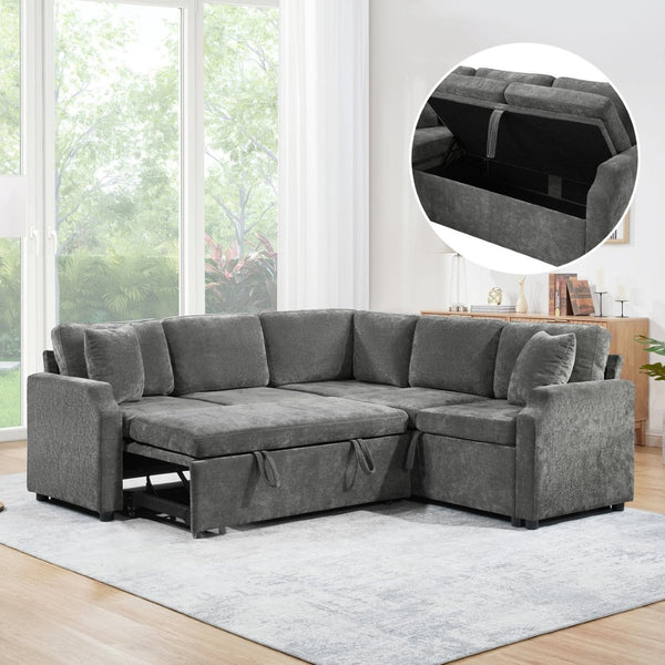 English Elm Sectional Sofa Bed - Versatile L-Shaped Chenille Sofa With Sleeper, Hidden Storage & Pillows, Gray N719S002070E-GIGA