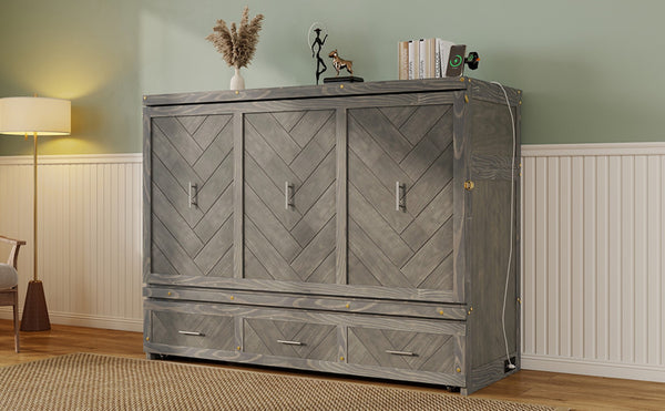 English Elm Queen Murphy Cabinet Bed Pine Wood Geometric Panel Antique Grey with Usb Charging W504S00302