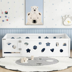 English Elm Twin Floor Bed With Safety Guardrails & Doorway - Cozy Solid Wood Frame For Kids' Rooms & Playrooms W1820P240542-GIGA