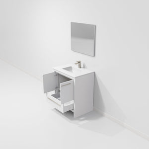 English Elm White Single Bath Vanity 30" W x 20" D with White Quartz Top, Gun Metal Faucet & 28" Mirror — Durable Vanity B2731S02057