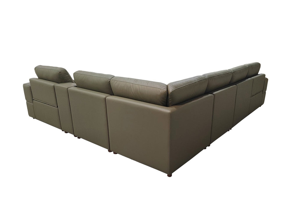 English Elm Premium Leather Match Sectional with Dual Recliners Square Arms and Console Storage Olive Green B2748S00158