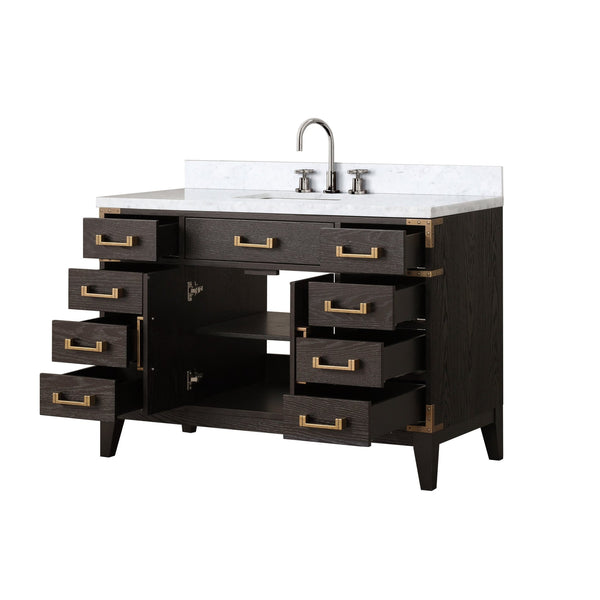 English Elm Brown Oak Single Bath Vanity With Carrara Marble Top & Chrome Faucet Set - Elegant Storage Solution B2731P259805