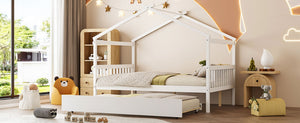 English Elm Full Size House Bed Solid Pinewood Frame with Pull Out Twin Trundle for Kids White LP000305AAK-1