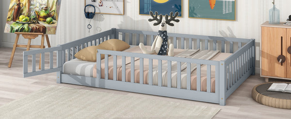 English Elm Twin Solid Rubberwood Floor Bed with Full Perimeter Safety Rails for Toddler Rooms Grey W504P296784