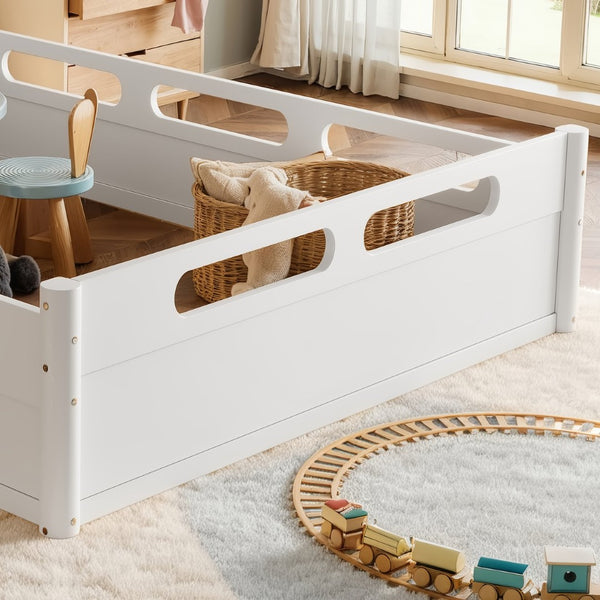 English Elm Queen Low Profile Floor Bed Pine Wood Frame Japandi Minimalist Bedroom Design White W1580P438794