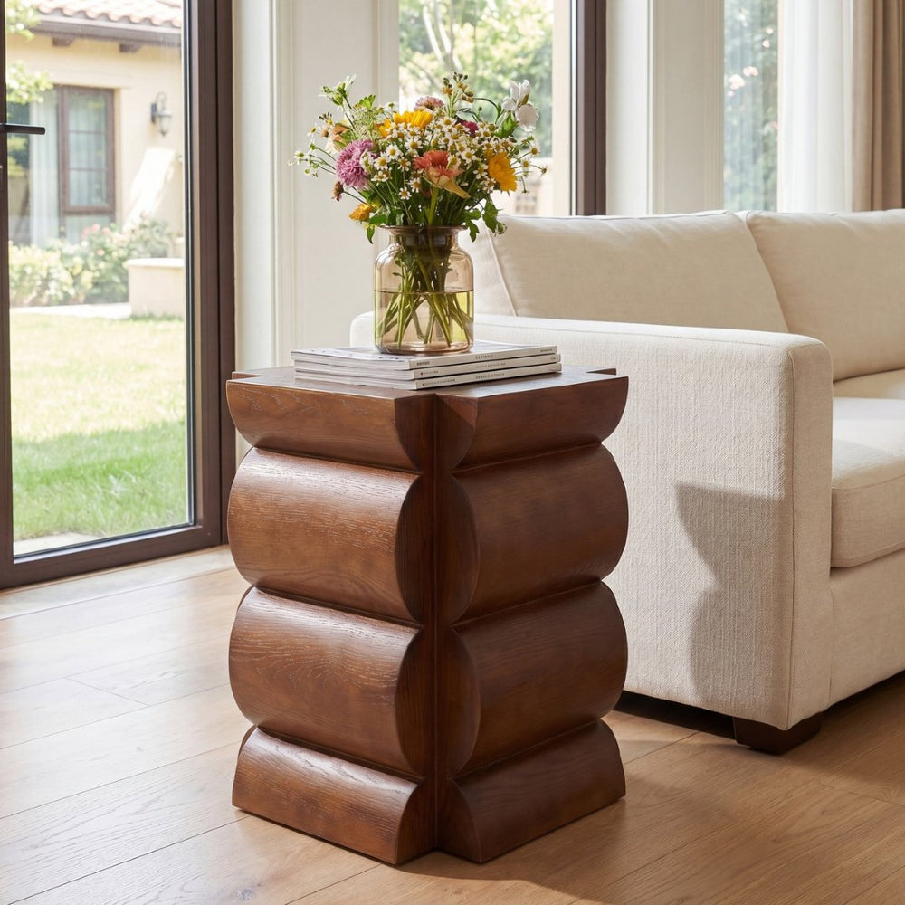 English Elm 15.35 Inch Dark Veneer Curved Tiered End Table for Modern Minimalist Living Rooms N772P412289B