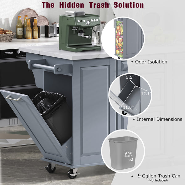 English Elm K&K Vintage Convex Kitchen Island Cart with Faux Marble Top, Tilt Trash, Pull-Out Organizer, Wheels Grey+Blue N707P299008G