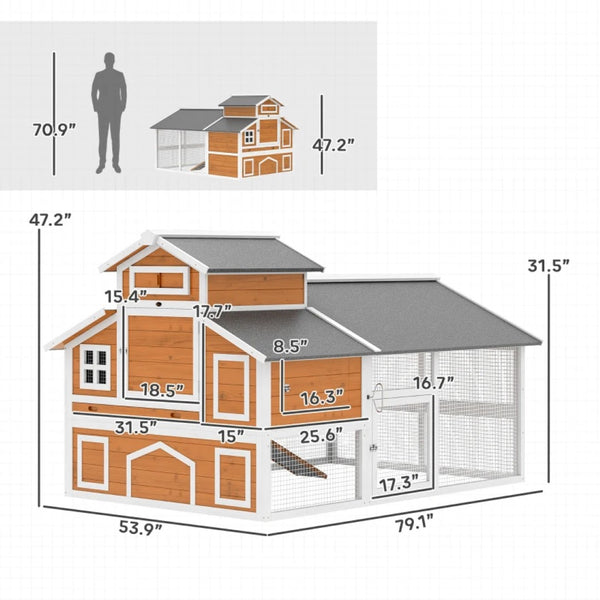 English Elm Spacious Fir Wood Backyard Chicken Coop Two Level Design with Nesting Boxes and Run T3971S00222